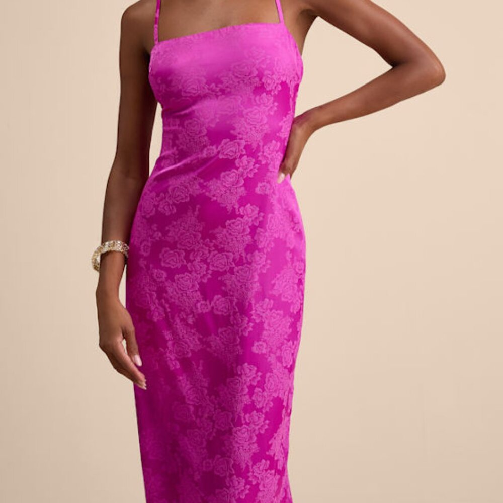 Lulus Merrion Magenta Satin Lace-up Maxi Dress Pink - Size L